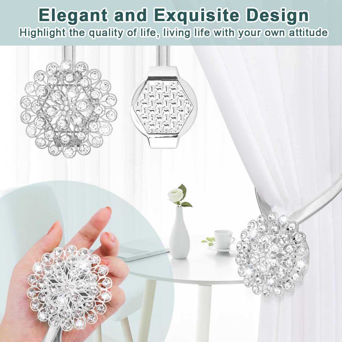 AULEEP Magnetic Curtain Tiebacks, 4 Pack Magnetic Crystal Decorative Drapes Curtain Clips Buckle, Flower Curtain Tie Back, European and American Style (Silver)