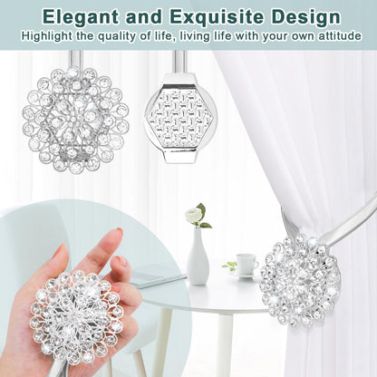 AULEEP Magnetic Curtain Tiebacks, 4 Pack Magnetic Crystal Decorative Drapes Curtain Clips Buckle, Flower Curtain Tie Back, European and American Style (Silver)