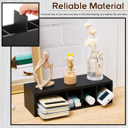 Jetec Wooden Pencil Pen Holder for Desk 5 Compartments Cosmetic Makeup Brush Stationery Office Desktop Organizers for Countertop Adjustable Silverware Caddy for Party, Art Supplies,Home decor(Black)