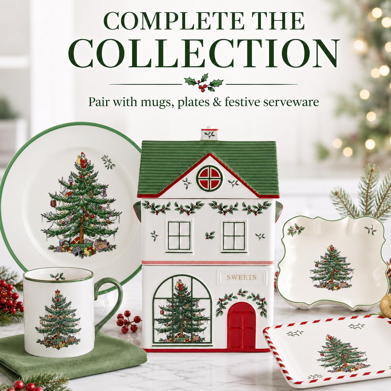 Spode Christmas Village Canister with 3 Compartments - Festive Dolomite Holiday Storage Container for Food, Cookies, Treats, Baking Ingredients- Christmas House Design - Giftable Set for Holidays