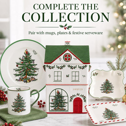 Spode Christmas Village Canister with 3 Compartments - Festive Dolomite Holiday Storage Container for Food, Cookies, Treats, Baking Ingredients- Christmas House Design - Giftable Set for Holidays