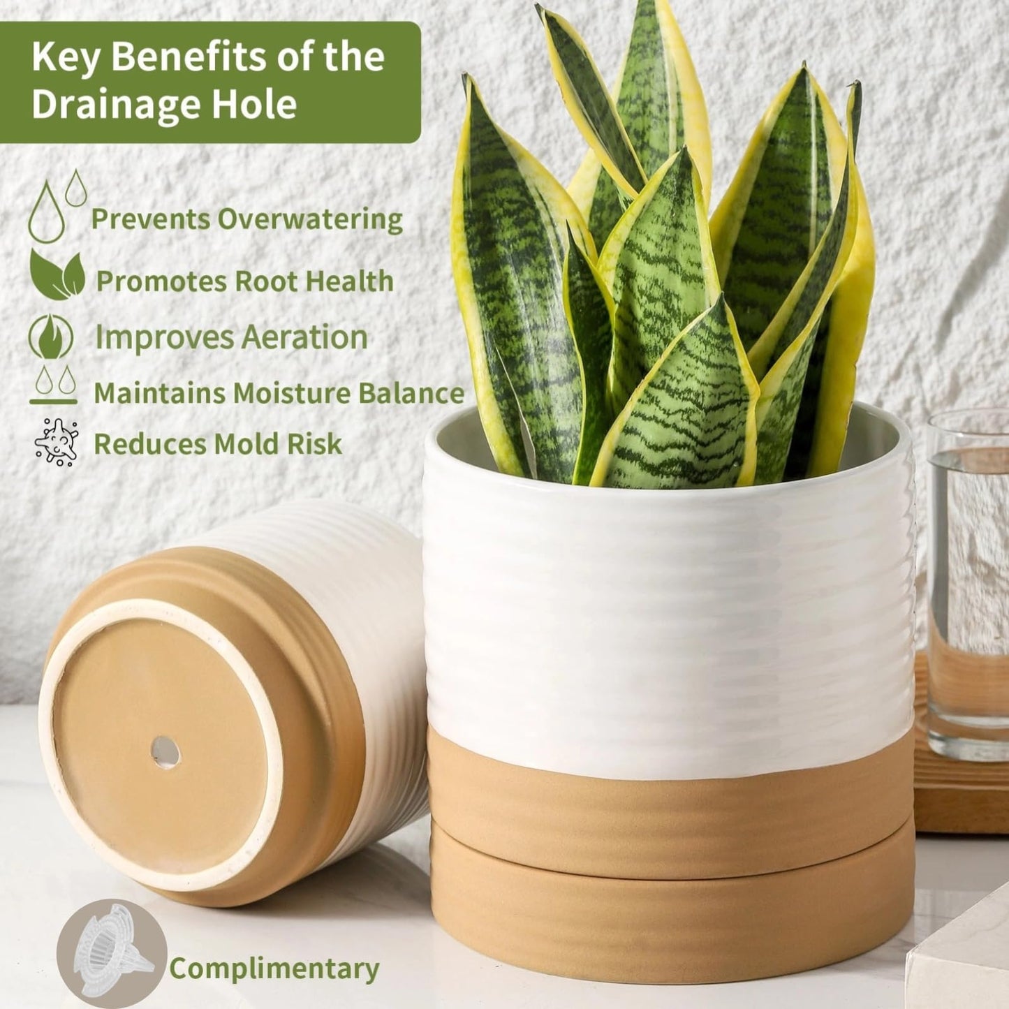 HASENSE 4.6 Inch Plant Pots, Ceramic Flower Pots for Indoor Plants, Small Two-Tone Design Planter with Drainage Hole and Saucer, Cute Windowsill Tabletop Decor, Set of 4, White-Brown