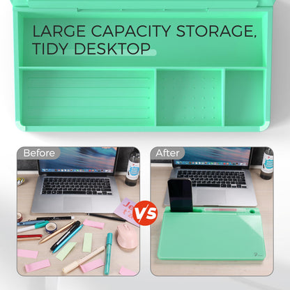 TOWON Small Compact Glass Desktop Whiteboard with Storage – 12 x 7 in Dry Erase Board for Desk, Home Office, School | Includes 5 Markers, Eraser & Holder | Space-Saving Organizer, Aesthetic Mint Green