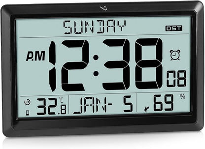 SZELAM Atomic Clock,10.5"Large Display Digital Wall Clock Battery Operated,Digital Calendar Auto Setting Desk Clocks with Indoor Temperature,Humidity,Date,Day,Auto DST for Elderly Bedroom-No backlight