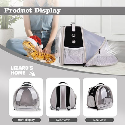 WEVONIGU Expandable Small Animal Backpack Carrier with Clear Bubble Window Large Space Travel Cage for Hedgehog Rat Parrot,Bearded Dragon,Sugar Glider,Airline Approved (Black, BE Backpack)