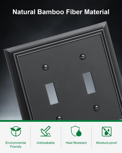 2-Pack Double Toggle Light Switch Cover Plate, Durable Natural Bamboo Fiber Decorative Switch Plate Covers, Matte Black 2 Gang Wall Plate, Corrosion Resistant