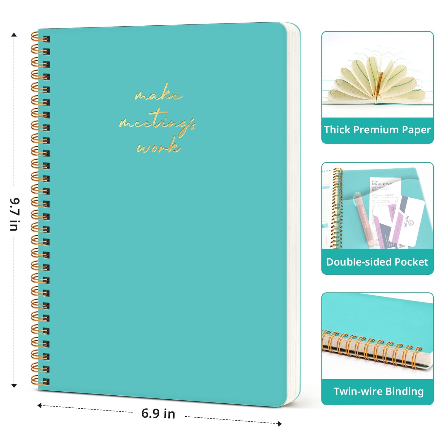 Meeting Notebook for Work Organization - Work notebook with action items, Meeting Minutes Planner Notebook, Perfect Office Supplies for Men & Women - Aquamarine