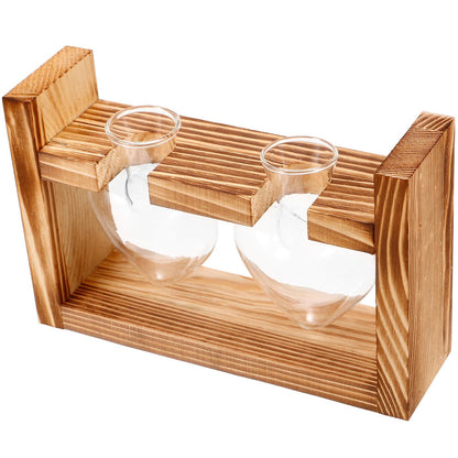 SUPVOX Wooden Stand Glass Heart-Shaped Vase for Indoor Plants, Hydroponic Terrarium Planter, Tabletop Decor Set with 2 Glass Vessels, Suitable for Home and Office