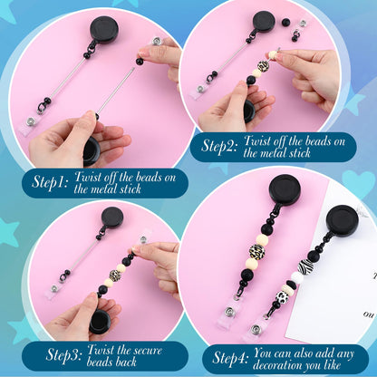 Sayglossy 24 Pcs Beadable Badge Reel Retractable Clips Holder for Beads Bulk Blank Bar ID Name Badge Reels with Belt Clip Beadable Jewelry DIY Gift for Nurse Teacher Office Supplies (Black)