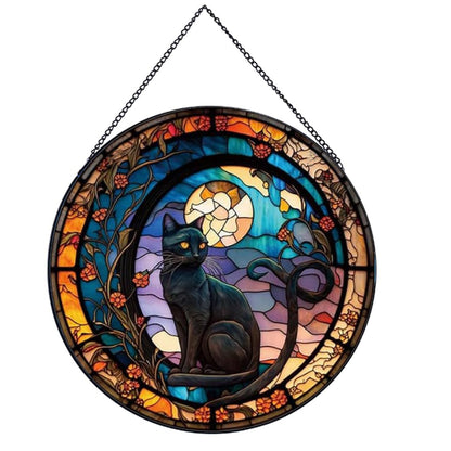 Payutou Black Cat Stained Glass Window Hangings,Suncatcher Stained Glass for Windows for Cat Lovers,20cm/7.87inch Hand-Painted Sun Catcher Garden Hangings Halloween Fall Christmas Decor for Home