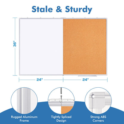 Magnetic White Board and Cork Board Combo, 48 X 36 inches Whiteboard Bulletin Combination Board, Wall Mounted Dry Erase Message Board for Home, School and Office