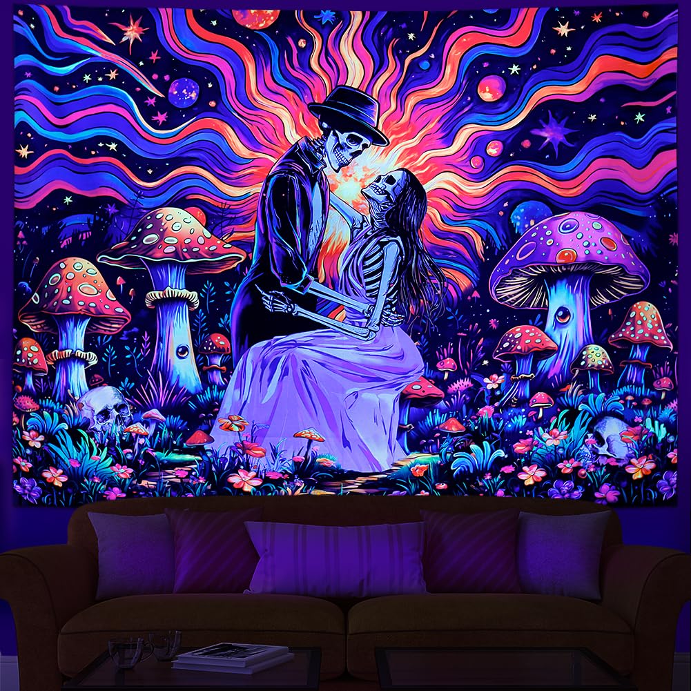 Heopapin Blacklight Skull Tapestry UV Reactive Neon Mushroom Wall Hanging Fantasy Galaxy Space Tapestries Skeleton Lovers Plants Floral Tapestry for Bedroom 59.1L x 51.2W