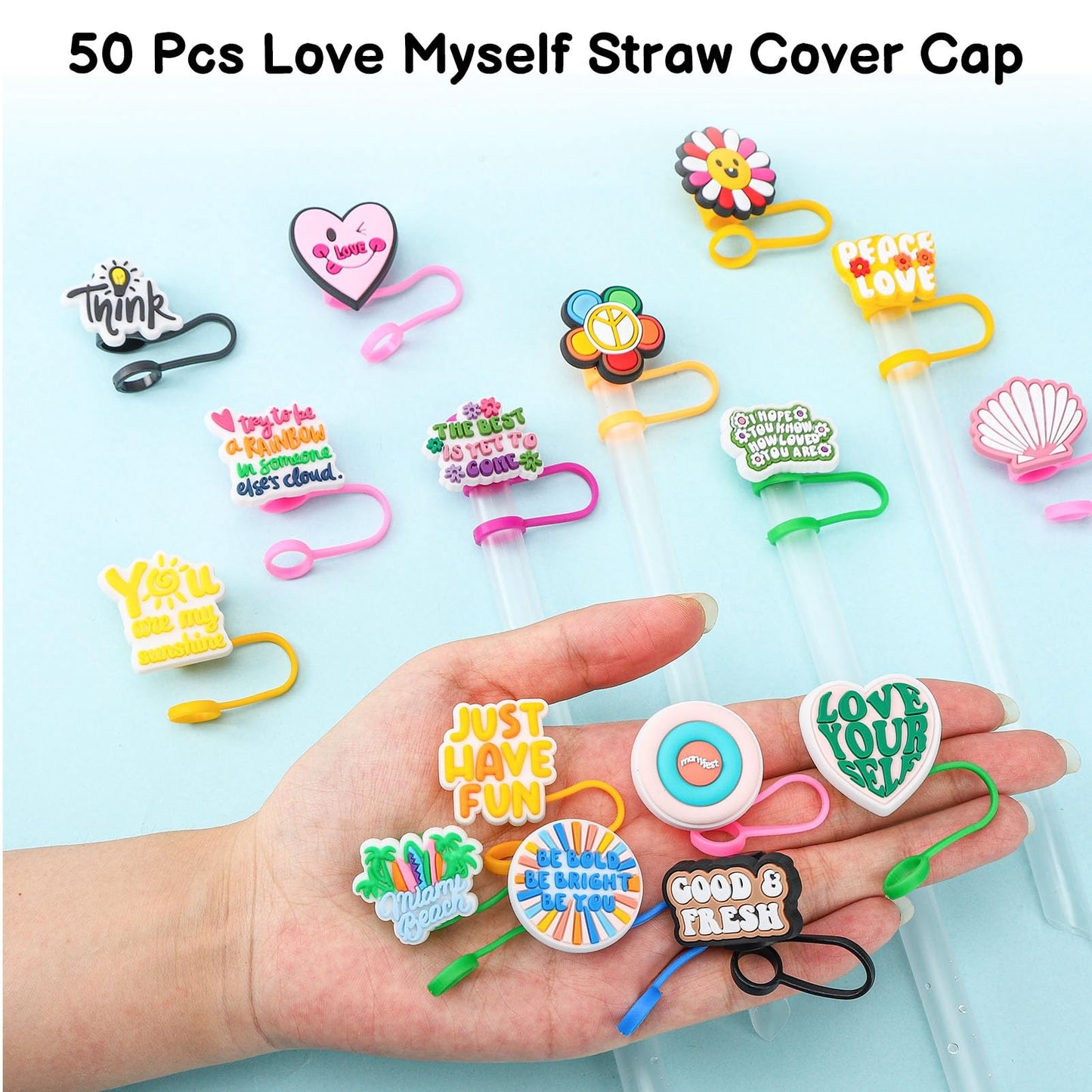 XLSXEXCL 50 Pcs Love Myself Straw Cover Cap Compatible with Stanley Cup, Silicone Cute Reusable Straw Toppers for Cups 30&40 Oz Tumbler Accessories 10mm