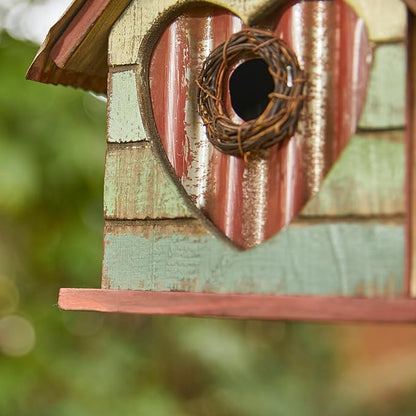 Glitzhome Bird House for Outdoor, 8.75" H Decorative Pet Cottage Distressed Heart Garden Wooden Birdhouse for Outside, Hanging Birdhouse for Bluebird Hummingbird Wren Finch Cardinals Cedar