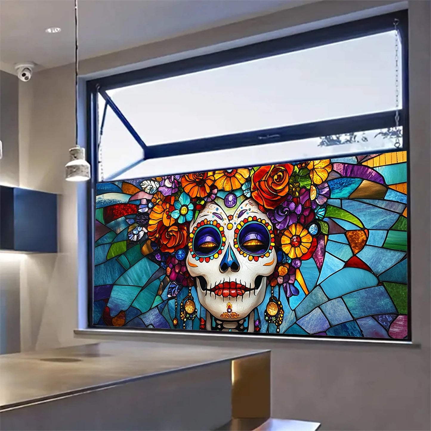 HOMETITUTE Day of The Dead Window Film 39.3x17.7 Inch Sugar Skull Cling Dia de Los Muertos Gothic Halloween Window Sticker for Glass Decor Calavera Removable Window Art for Home Office