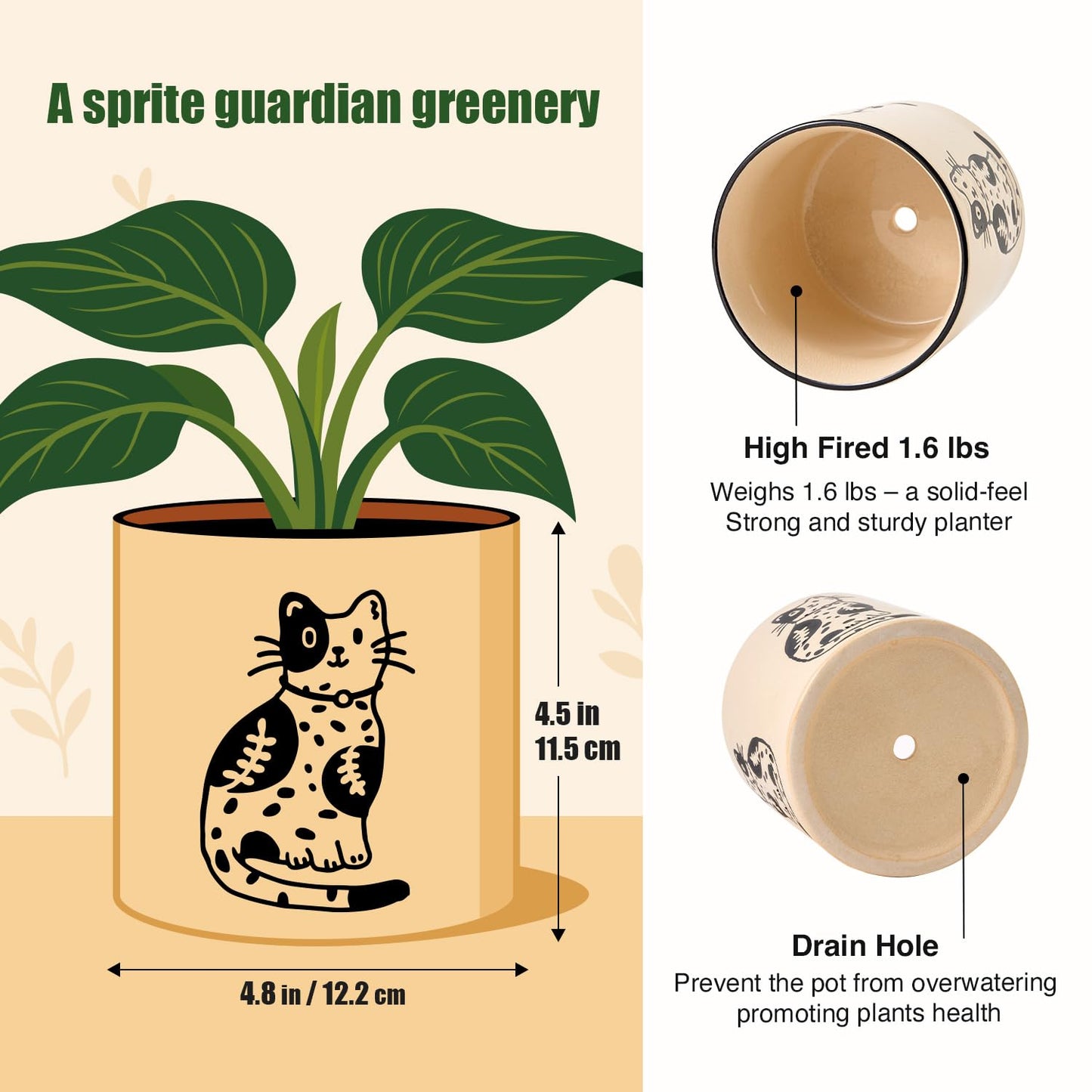 STHIE 5 Inch Ceramic Plant Pots with Drainage Holes, Small Round Flower Pots for Indoor Plant, Unique Animal Flower Planters (Cat)