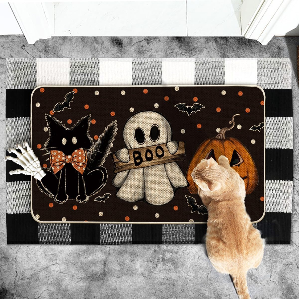Artoid Mode Black Cat Jack-O'-Lantern Ghost Pumpkins Halloween Doormat, Seasonal Low-Profile Floor Switch Mat for Indoor Outdoor 17x29 Inch