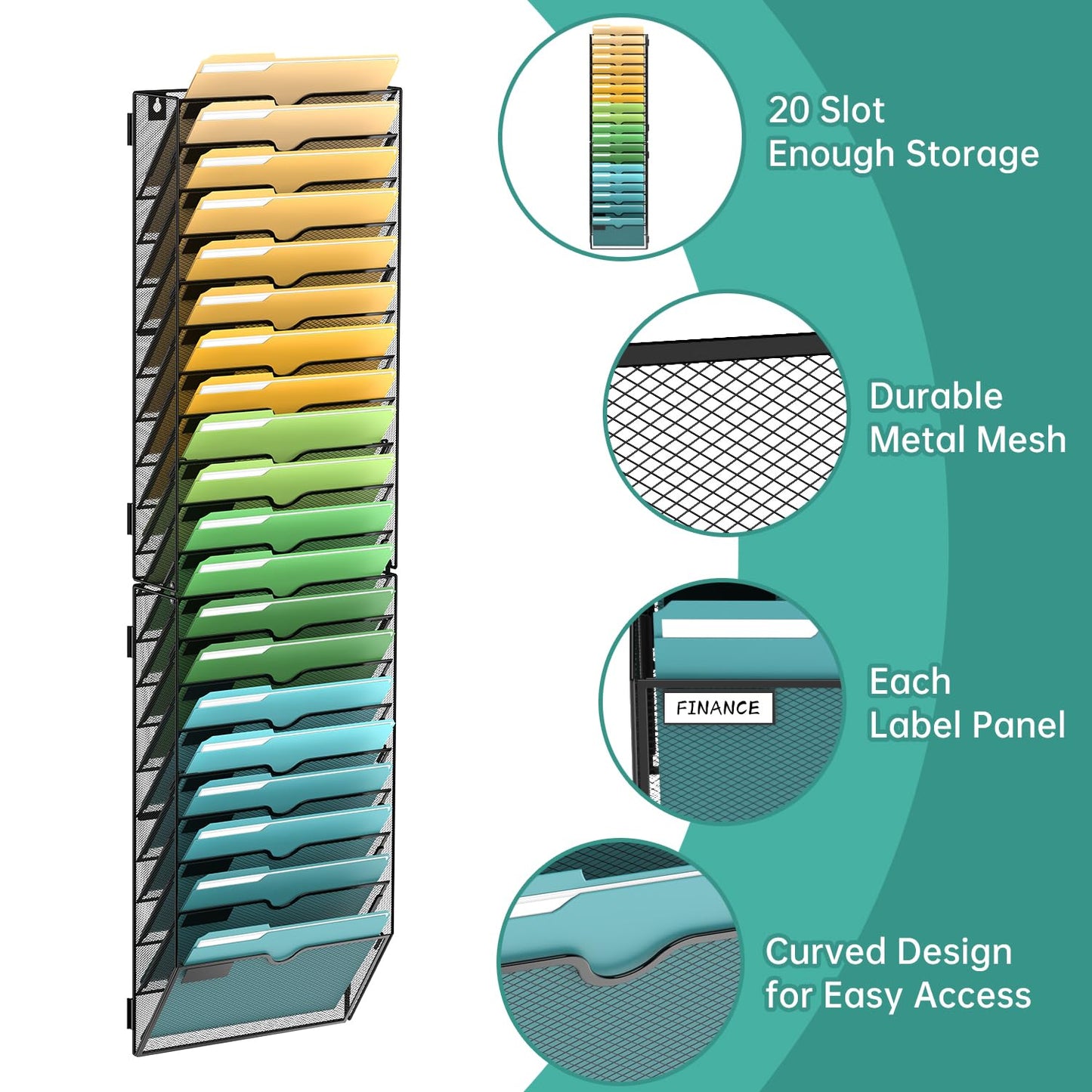 SUPEASY 20 Tier Wall File Organizer, Hanging Wall Mounted Mail Organizer with Label Slots, Metal Mesh File Holder Magazine Rack for Office, Home, School or Classroom, Black