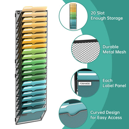 SUPEASY 20 Tier Wall File Organizer, Hanging Wall Mounted Mail Organizer with Label Slots, Metal Mesh File Holder Magazine Rack for Office, Home, School or Classroom, Black