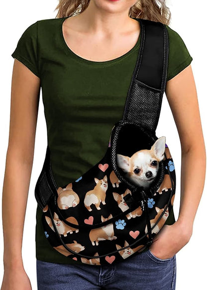 FUSURIRE Cute Corgi Cartoon Pet Carrier Sling Soft Front-Facing Carrier with Adjustable Padded Strap Design Hands Free Pet Carrier Bag for Outdoor Walking, Hiking, Bike and Motorcycle