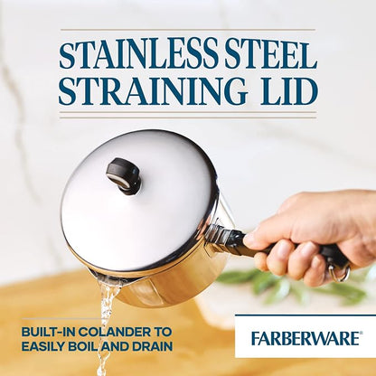Farberware Classic Series Stainless Steel Straining Sauce Pan with Lid, 1-Quart Small Pot, Silver