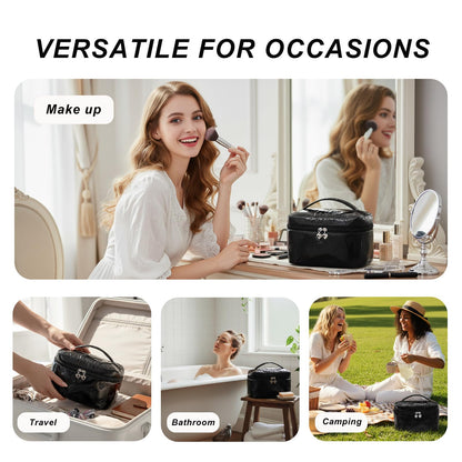 Alamealle Large Cosmetic Bags Travel Makeup Bag with Mesh Pocket Portable Cute Toiletry Bag Aesthetic Make Up Organizer with Handle for Women Girls (Black)