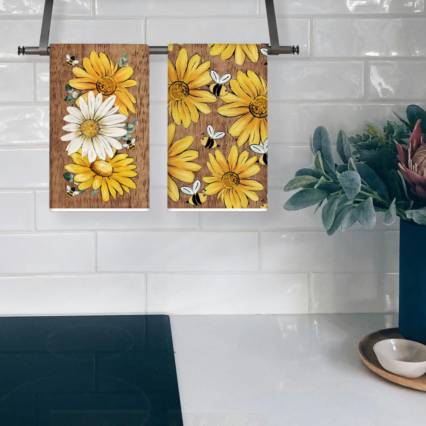 TAJWE Summer Kitchen Towels 18x26 Inch Set of 2 Wood Sunflower Bee Dish Towels Farmhouse Seasonal Holiday Decorative Hand Cloth for Kitchen Bathroom Decorations