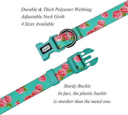 Dog Collar Leash Set, Floral Pattern, Polyester Material, Adjustable Collar and 5ft Matching Leash, for Small Dogs.(S, Green Rose)