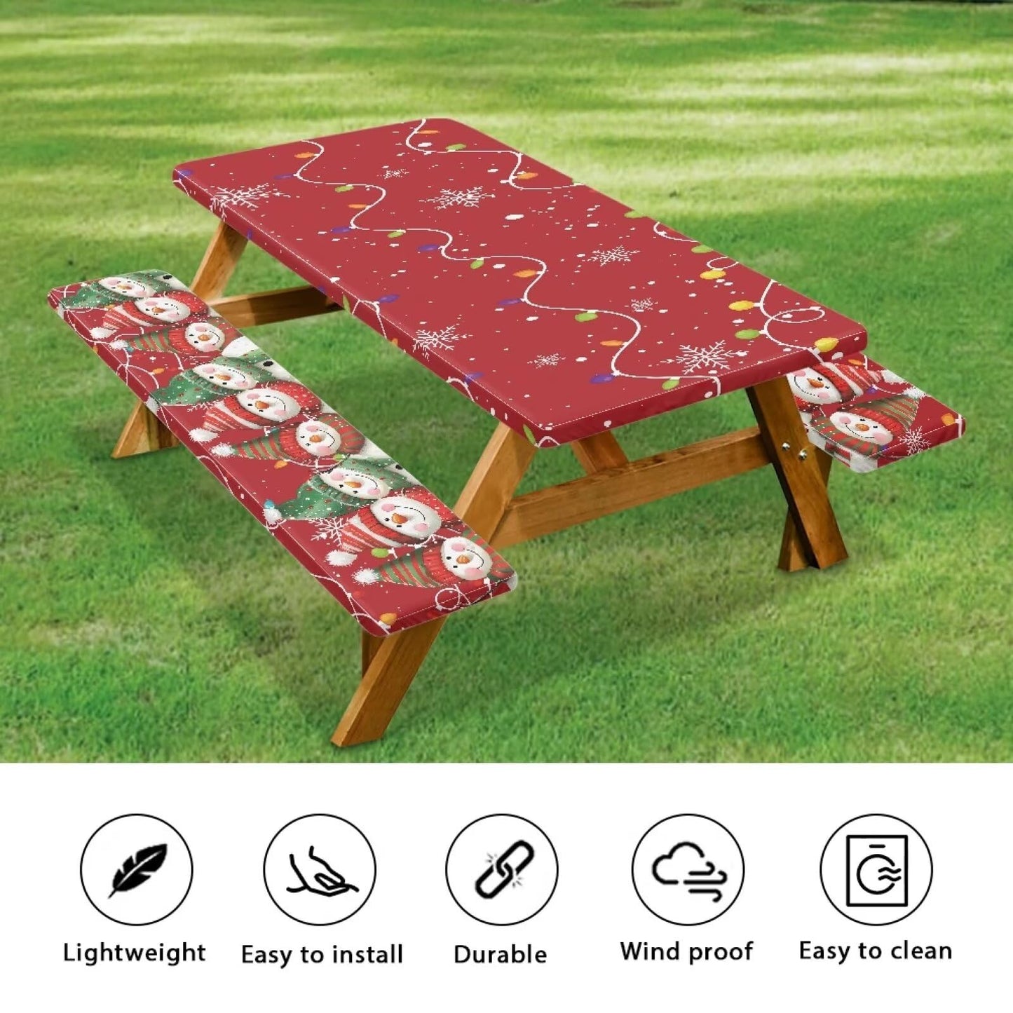 Mintulipy 3 PCS Fitted Picnic Table Cover with Bench Cover Fitted Rectangle Tables and Seats Christmas Lights Snowmen Outdoor Picnic Table Cover for Camping