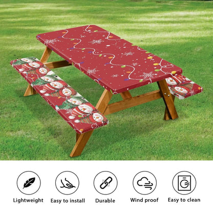 Mintulipy 3 PCS Fitted Picnic Table Cover with Bench Cover Fitted Rectangle Tables and Seats Christmas Lights Snowmen Outdoor Picnic Table Cover for Camping