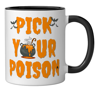 Pick Your Poison, Halloween Host Bartender Trainer Doctor Ceramic Mug, Black/White