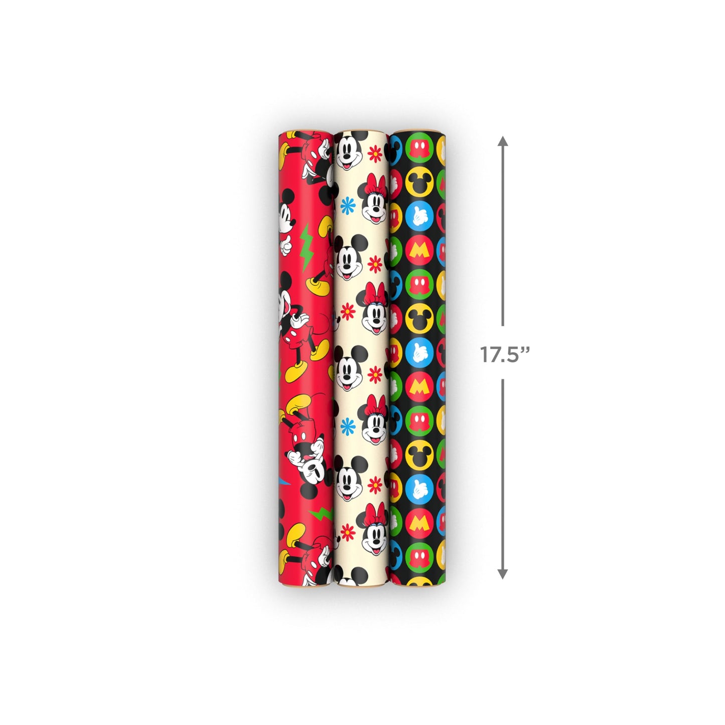 Hallmark Disney Mickey Mouse Wrapping Paper Mini Rolls, 3-Pack (Mickey, Minnie, Mouse Ears, Red and Black) for Birthdays, Graduations, Celebrations, Any Occasion - 45 Sq. Ft. Total