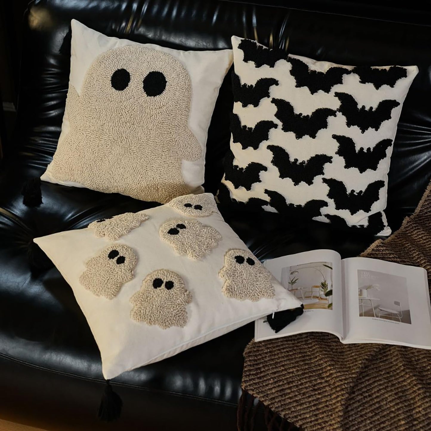 OFDNE Halloween Pillow Covers 18x18 inch Cute White Ghost Fall Throw Pillow Cases Soft Plush Faux Fur Wool Couch Cushion Case for Chair Sofa Bedroom Living Room Home Decor Autumn
