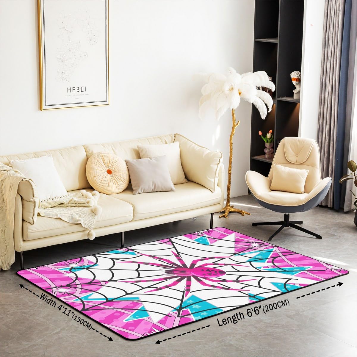 Manfei Pink Spider Kids Area Rug,Black Spider Web Halloween Gothic Trippy Indoor Floor Mat Entrance Rug for Girls Boys,Stars Stripe Geometric Non Slip Rug,Unique Couch Living Room Decor,5'x6'6''