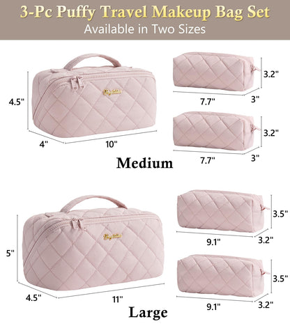 Travel Makeup Bag, 3 Pcs Large Capacity Puffy Toiletry Bag for Women, Open Flat Make up Cosmetic Organizer w/Handle & Clear Divider Water-resistant Portable Pouch Travel Essentials, L-Light Pink