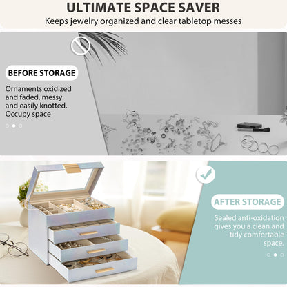 AKOZLIN 4-Tier Jewelry Box with Clear Glass Lid Functional Leather Jewelry Storage Organizer Case 3 Drawers for Women Girls Necklace Ring Bracelet Earring
