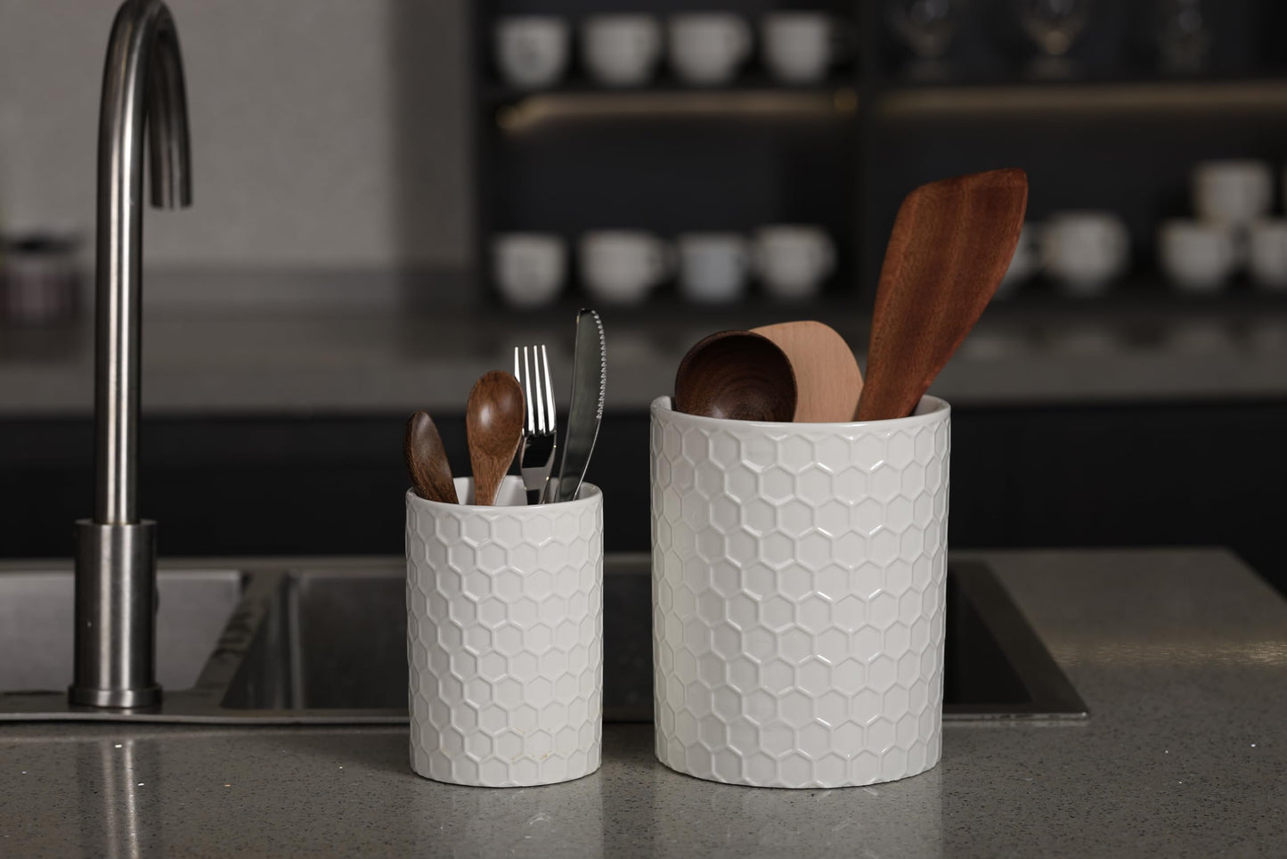 Docrin Ceramic Kitchen Utensil Holder 2 Pack - 6.8"+5.1" Inch Countertop Storage Organizer, Non-Slip Base, Easy to Clean, Elegant White Ceramic Utensil Crocks for Spatulas, Spoons, Cooking Gadgets