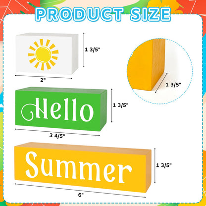 COCHIE Wooden Hello Summer Decorations Table Sign, Sunshine Beach Table Top Centerpiece Blocks Decorations for Home, Office, Mantel, Tabletop, Party, Shelf Set of 3 (Summer)