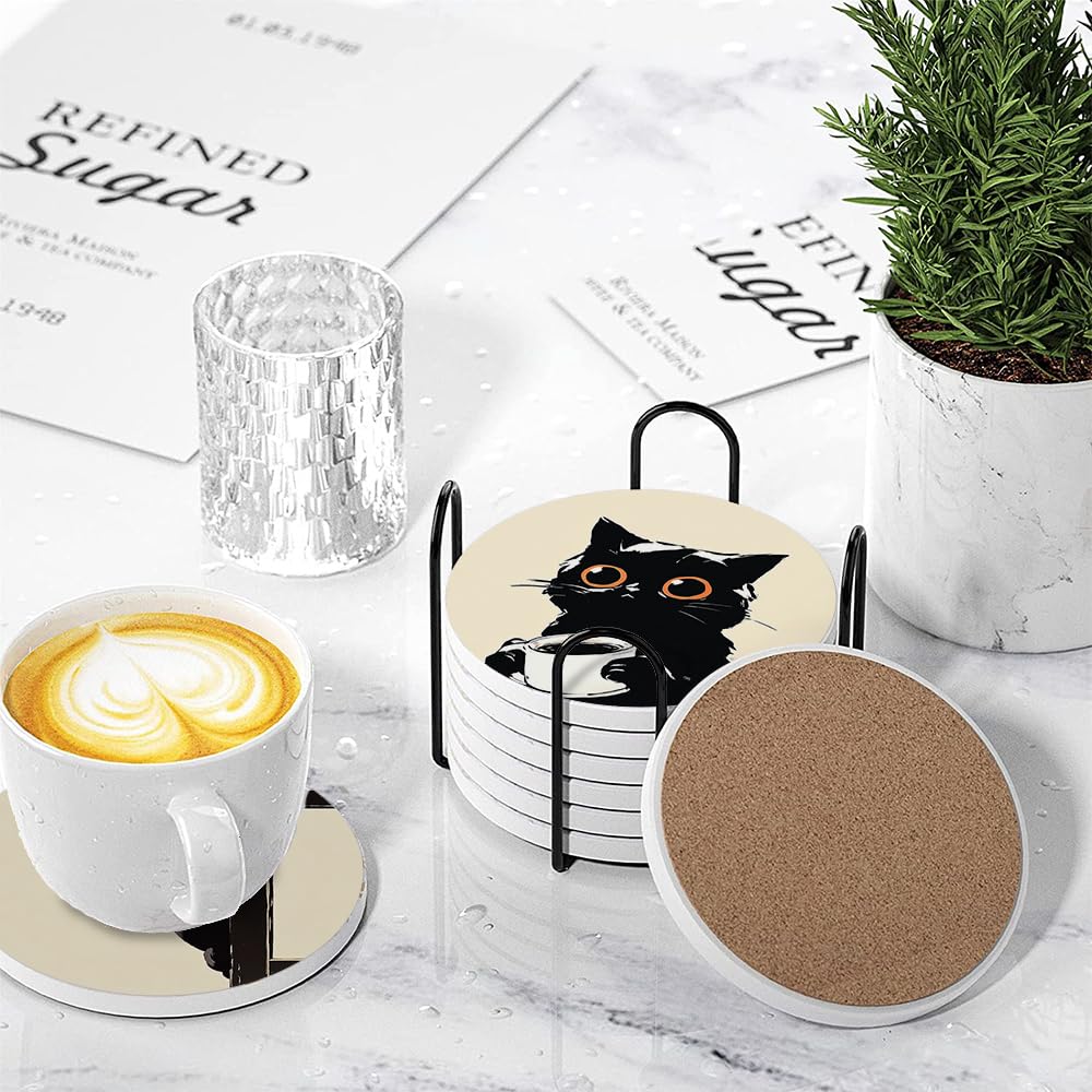 Aowced Drink Absorbent Coasters with Holder Set of 6, Ceramic Stone with Cork Base, Cute Black Cat Design Coaster for Drinks, Gift for Housewarming Room Bar Home Decor Kitchen