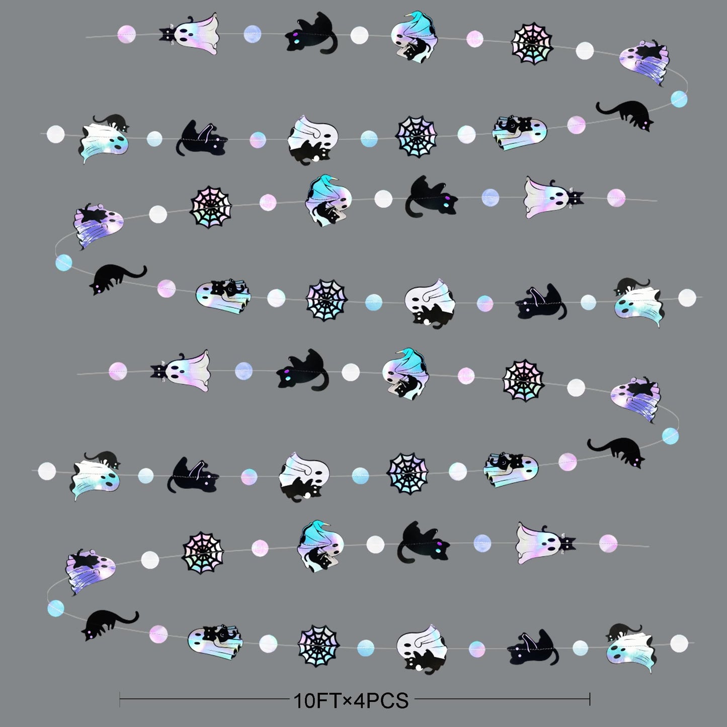 Iridescent Black Halloween Decorations Holographic Ghost Black Cat Spider Web Polka Dot Paper Hanging Garland Streamer Banner for Halloween Birthday Baby Shower Bachelorette Wedding Party Supplies