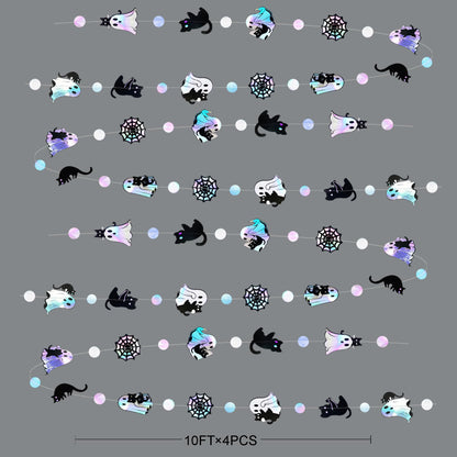Iridescent Black Halloween Decorations Holographic Ghost Black Cat Spider Web Polka Dot Paper Hanging Garland Streamer Banner for Halloween Birthday Baby Shower Bachelorette Wedding Party Supplies