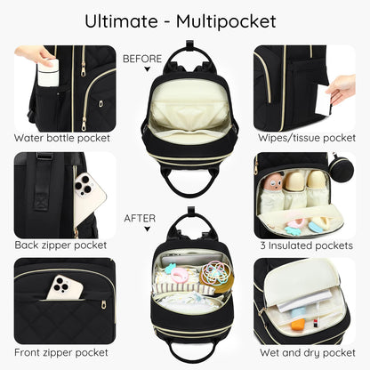 ViveVoy Diaper Bag Backpack, Large 26L Baby Bag with Portable Changing Pad & Pacifier Case, Waterproof Quilted Maternity Backpack for Mom and Dad, Travel Essentials with Insulated Pockets, Pink