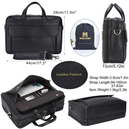 Masa Kawa Black Leather Briefcase for Men 17 Inch Laptop Computer Case Business Travel Work Messenger Cross Body Shoulder Bag