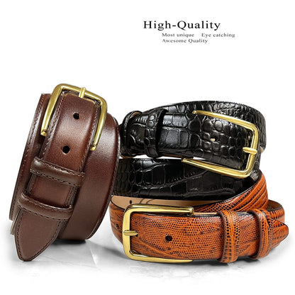 Andrew Men's Dress Belt Solid Brass Buckle (Gold) Italian Calfskin Genuine Leather Dress Belt 1-1/8"(30mm) Wide (Alligator Black, 36)