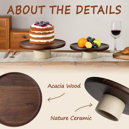 CEEFU 9 inch Rustic Acacia Wood Cake Stand - Natural Wooden Clay Wedding Cake Pedestal Serving Stand for Cupcake Dessert Bites Display in Party, Birthday, Beautiful Farmhouse Kitchen Decor