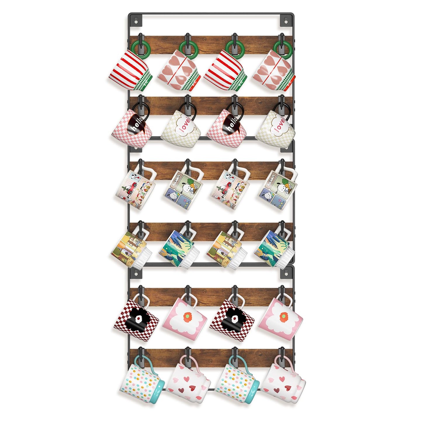 EsLuker.ly Mug Holder Hanger Rack Wall Mounted Wooden 3 Pack Coffee Cup Storage Organizer Display Shelf with 24 Movable Plastic Hooks, Ideal for Mug Collectors