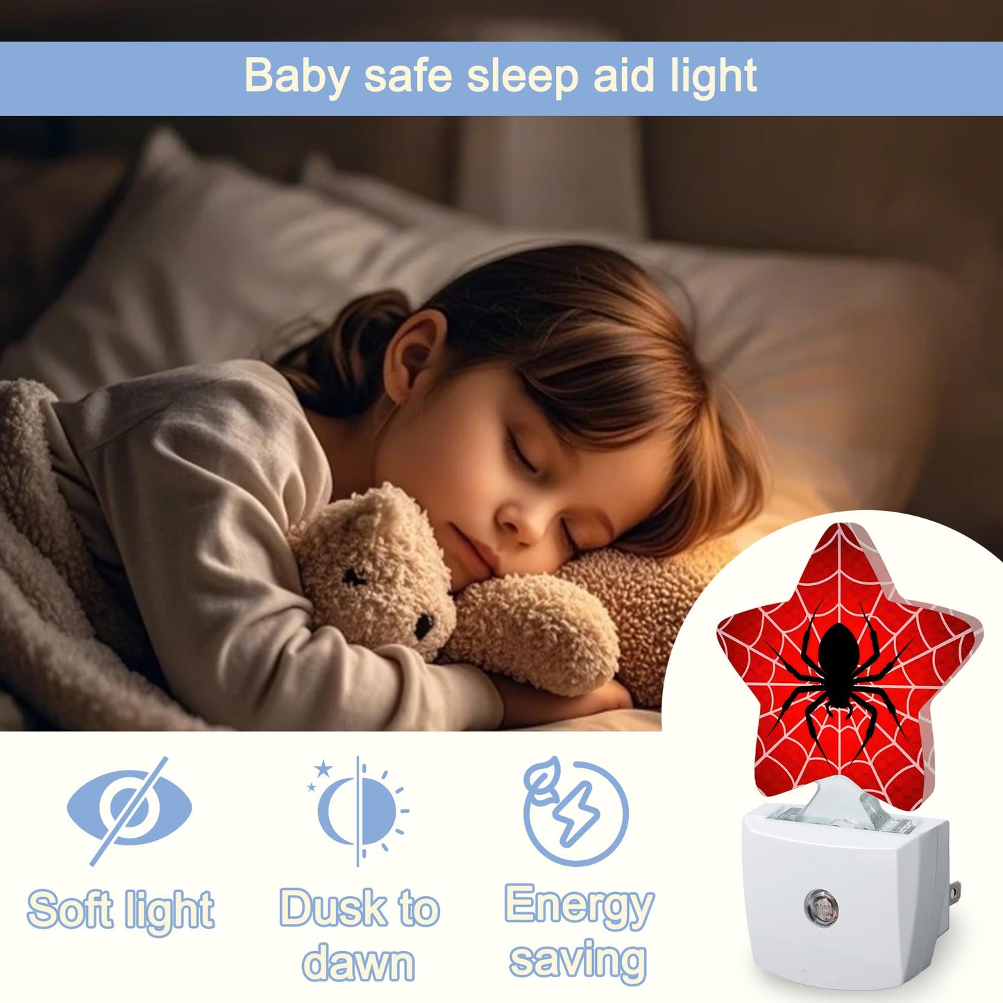 Halloween Red Spider Night Lights Plug Into Wall,Spiderweb Star Night Light for Kids,Nightlight with Dusk to Dawn Smart Sensor for Bedroom Bathroom Decor,Children Women Men Gift