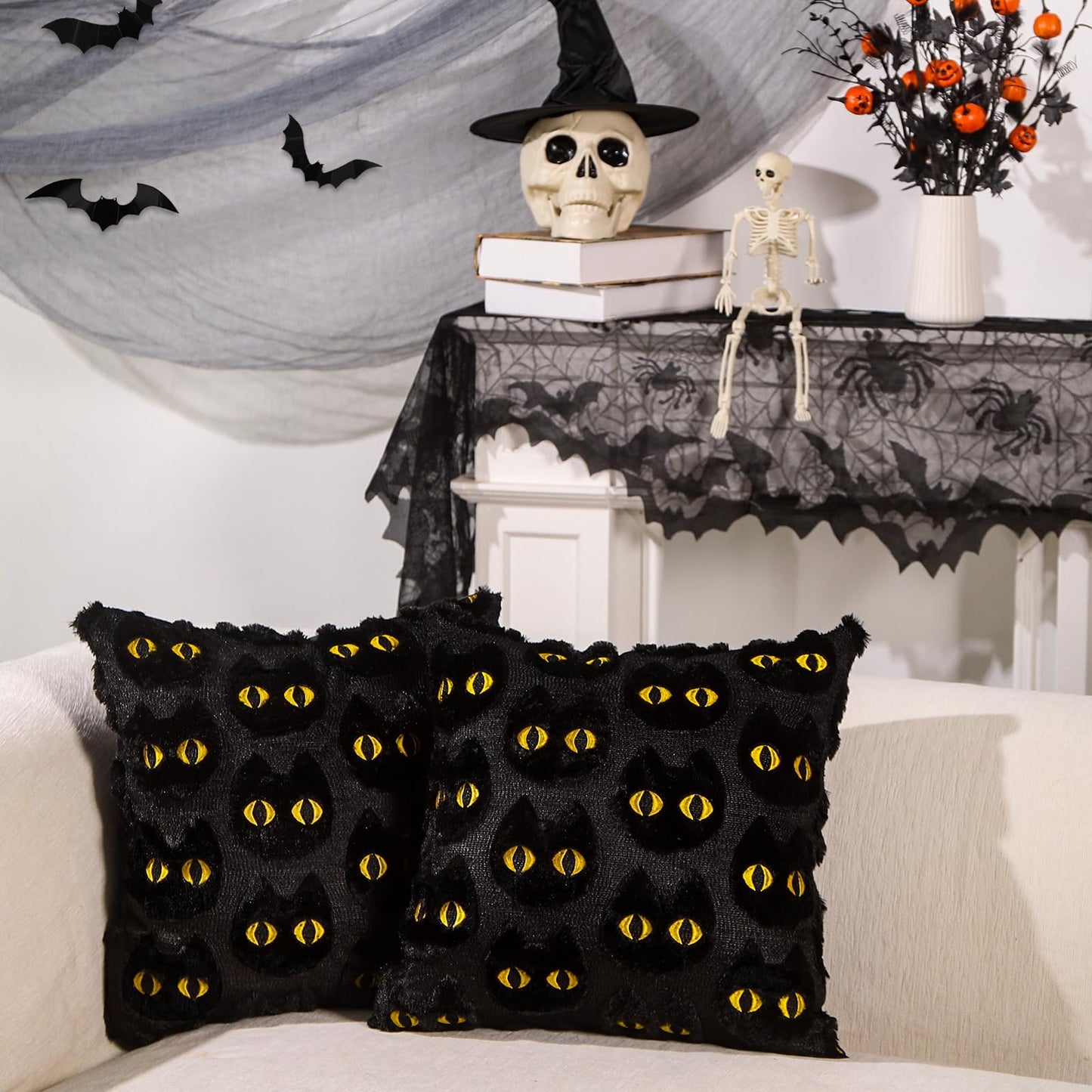 Heirloom Haven Halloween Cats Pillow Covers Set of 2,Black Cat Soft Plush Faux Fur Jacquard Couch Cushion Case Holiday Farmhouse for Sofa Home Decor 18 x 18 Inch