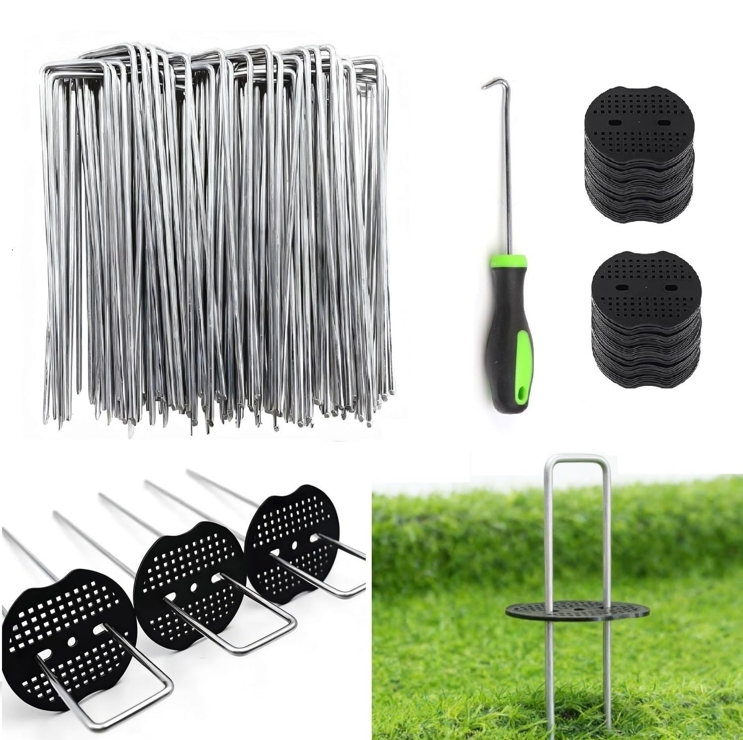 8 Inch 100 PCS Galvanized Landscape Staples with 100 PCS Gasket, Landscape Fabric Pins Stakes Lawn Ground Cover Graden Staples Spikes Weed Barrier Stakes