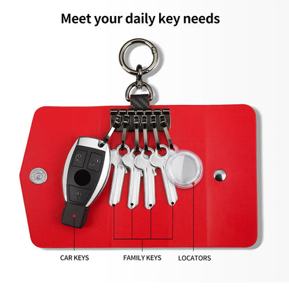 Leather Keychain Wallets Portable Key Holders Pouch Multiple Key Organizer, Key Holder with 6 Hooks for Men or Women,Carbon Fiber Pattern,Red